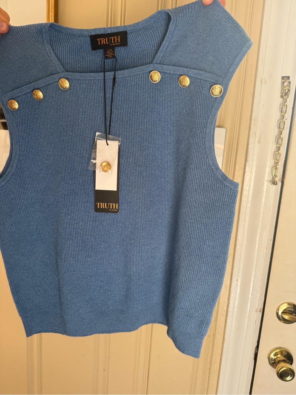 TRUTH Dusty Blue Ribbed Knit Tank with Gold Button Trim